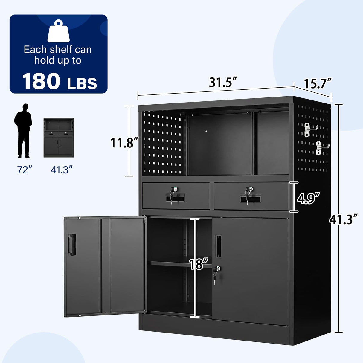 Yizosh Locking Cabinet with 2 Drawers, Metal Storage Cabinet with Locking Doors and Shelves - 41.3" Steel Lockable Storage Cabinet, Metal Cabinet for Home Office, Garage, School (Black) Yizosh