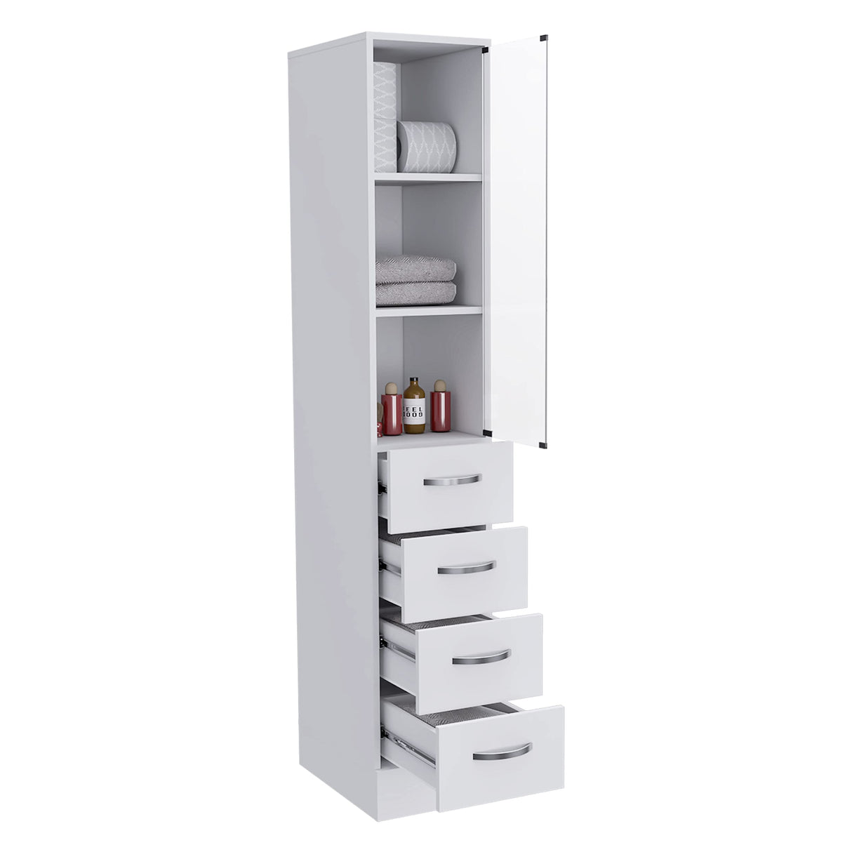 DEPOT E-SHOP Magna Linen Cabinet with Three Shelves, Four Drawers, and Metal Handles, 68" H, White, Bathroom DEPOT E-SHOP
