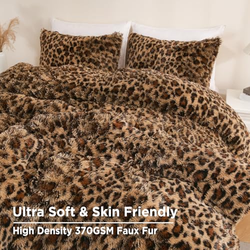 Melo10PM Cheetah Print Fluffy Faux Fur Comforter Set Queen Size, 3 Pieces Brown Leopard Plush Shaggy Fuzzy Bedding Set, Ultra Soft Luxury Furry Boho Animal Print Winter Warm Comforter for Women Gilrs Melo10PM