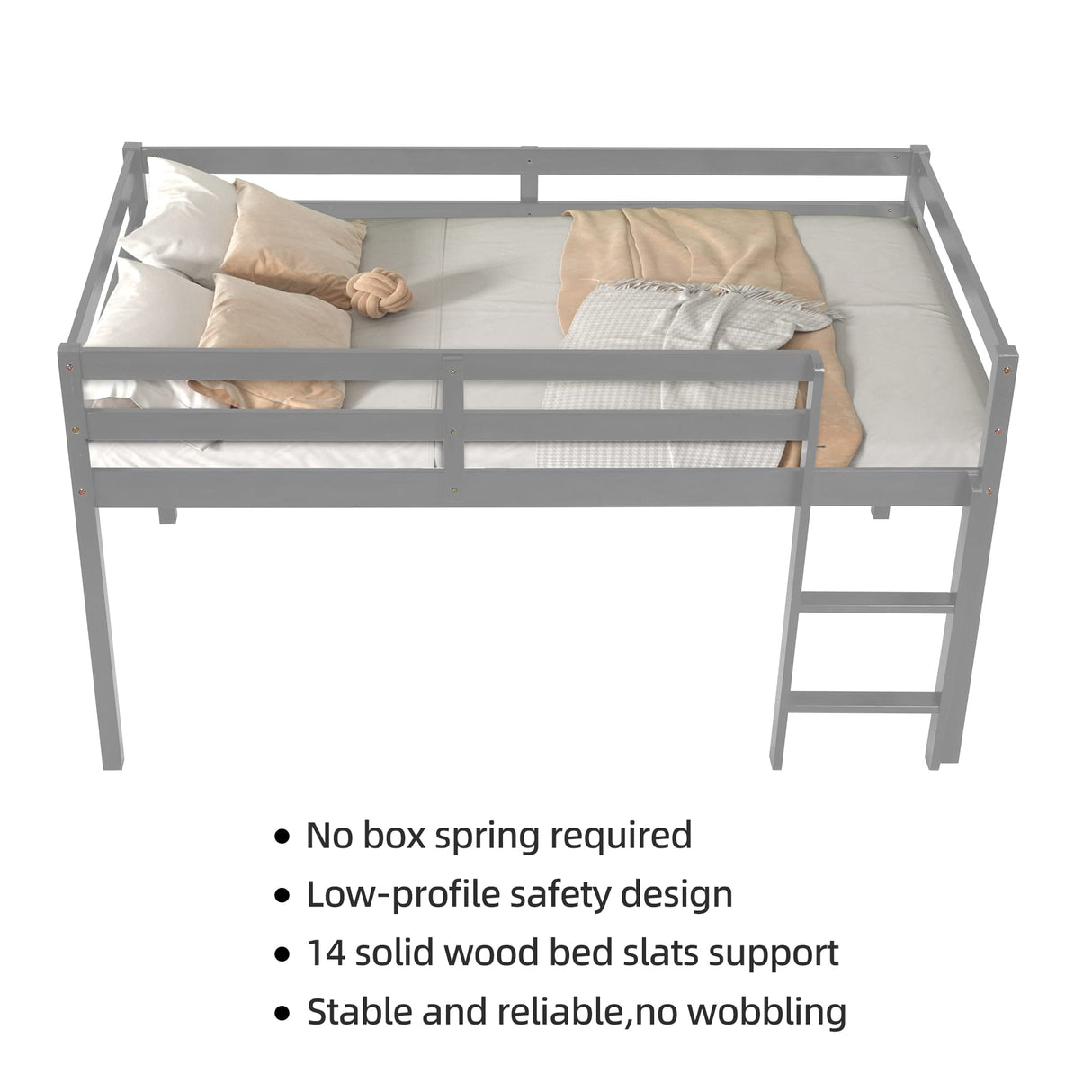 LoLado Twin Loft Bed - Grey Solid Wood Bed Frame with Guard Rails and Built-In Ladder for Kids LoLado