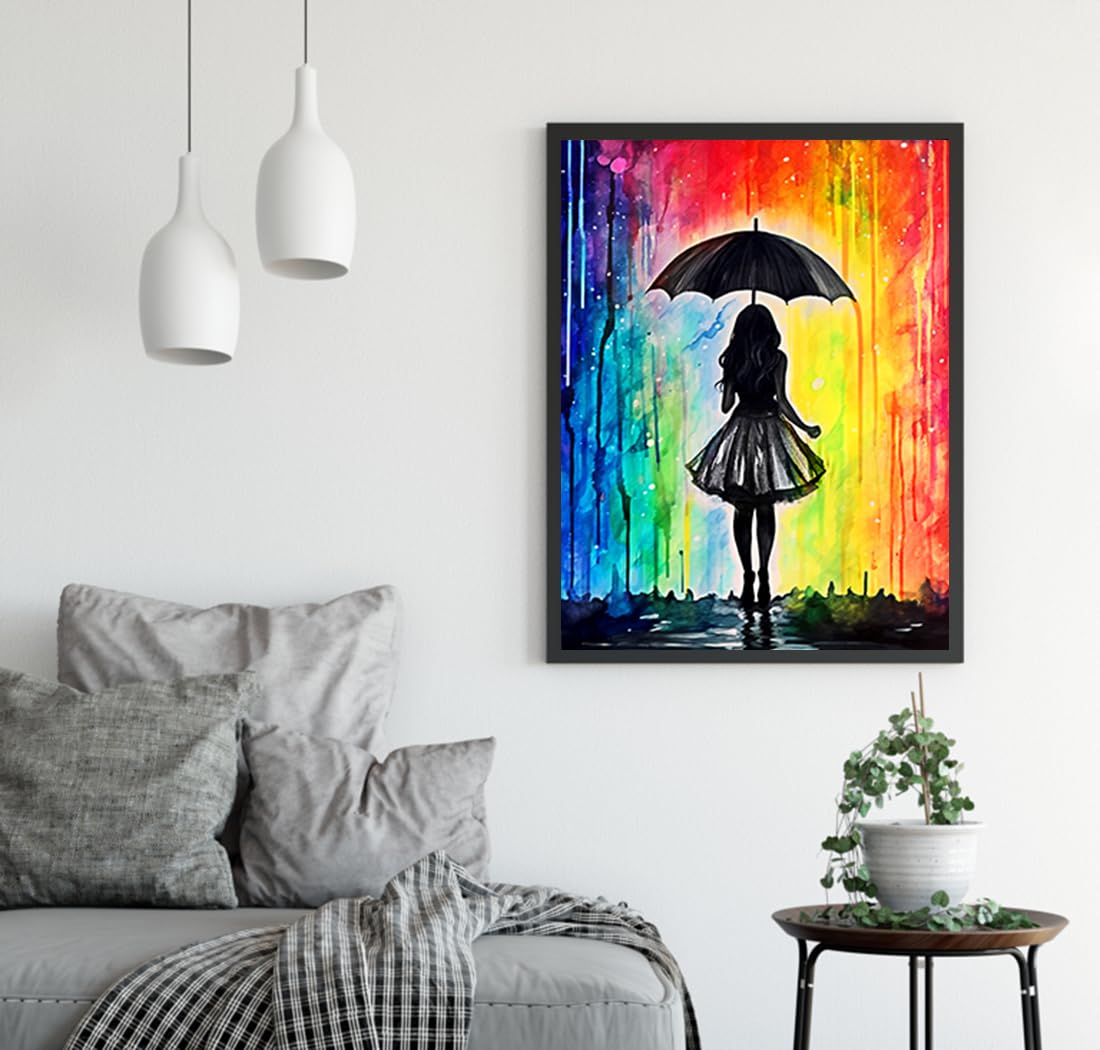 YOMEIA 5D Diamond Painting Kit for Adults - Full Drill Round Diamonds Art with Elegant Girl in Rain (16x12 inch) DIY Craft for Stress Relief, Home Wall Decor & Gift for Women Beginners YOMEIA