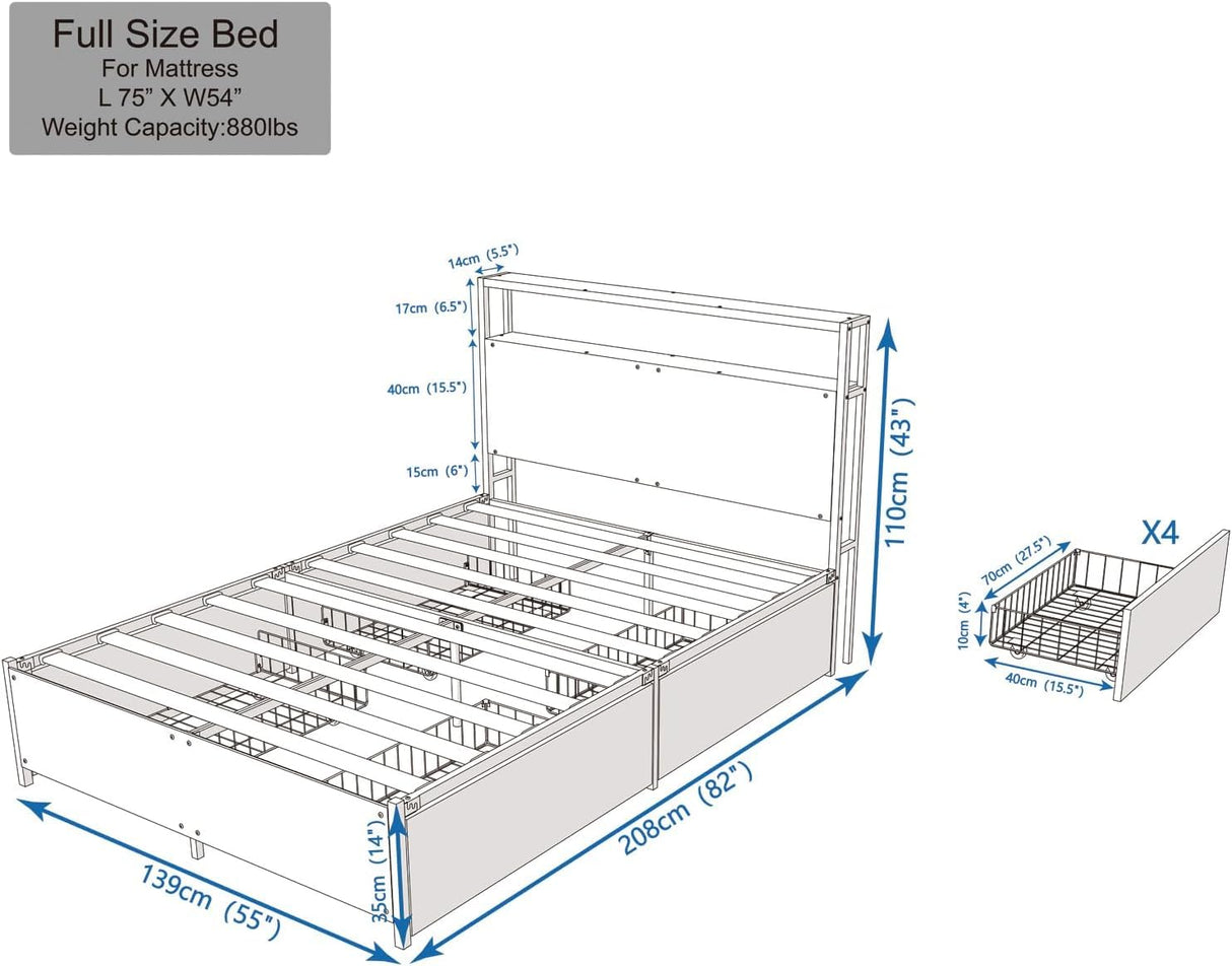 Panana Modern Queen Size Bed Frame with 4 Storage Drawers - Industrial Metal & Solid Wood Platform Bed, Sturdy & Space-Saving Design, Easy Assembly, Eco-Friendly Materials (Queen (U.S. Standard)) Panana