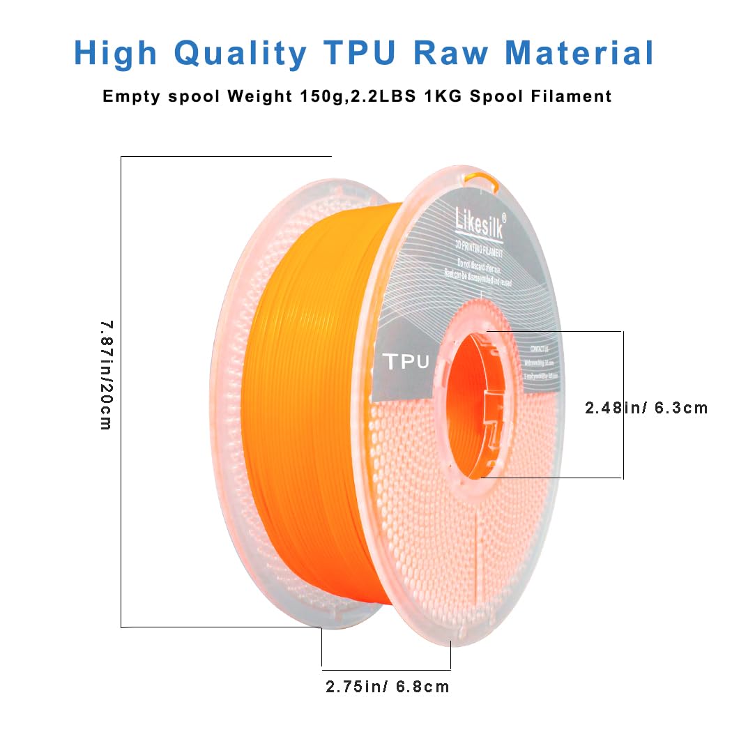 Likesilk 95A TPU Filament, Soft Flexible 3D Printer Filament 1.75mm, Dimensional Accuracy +/- 0.03, 1kg Spool(2.2 lbs), TPU Orange Likesilk