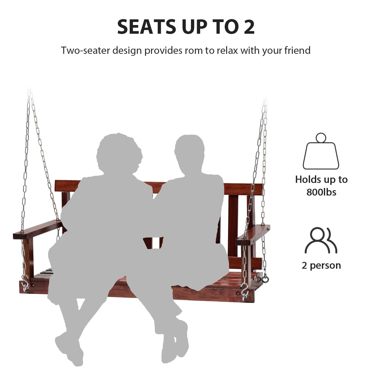 Wooden Porch Swing Chair, 4 FT Patio Swing Seat Hanging Chair Outdoor, Waterproof Swinging Chair Backyard Swings for Adults/Kids, Bench Swings for Outside, w/Mounting Chains, 800 lbs Capacity BORGEBY