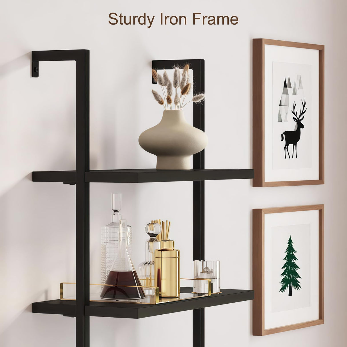 SOLACE FURNITURE Rattan Bookcase, 6 Tier Ladder Bookshelf with Rattan Cabinet, Wall Mount Tall Bookshelves and Bookcases with Metal Storage Shelves Display for Living Room Bedroom Home Office, Black SOLACE FURNITURE