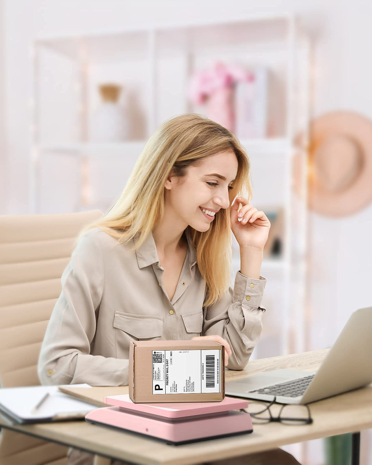 MUNBYN Shipping Scale, Accurate 66lb/0.1oz Postal Scale with Sweet Pink Style, Hold/Tear/PCS Function, Auto-Off, Battery & AC Adapter, Back-Lit LCD Display, Digital Scale for Packages and Food Pink MUNBYN