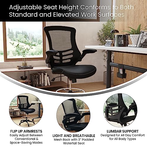 Flash Furniture Kelista Mid-Back Swivel Office Chair with Adjustable LeatherSoft Seat Height, Ergonomic Mesh Chair with Flip-Up Arms, Black Flash Furniture