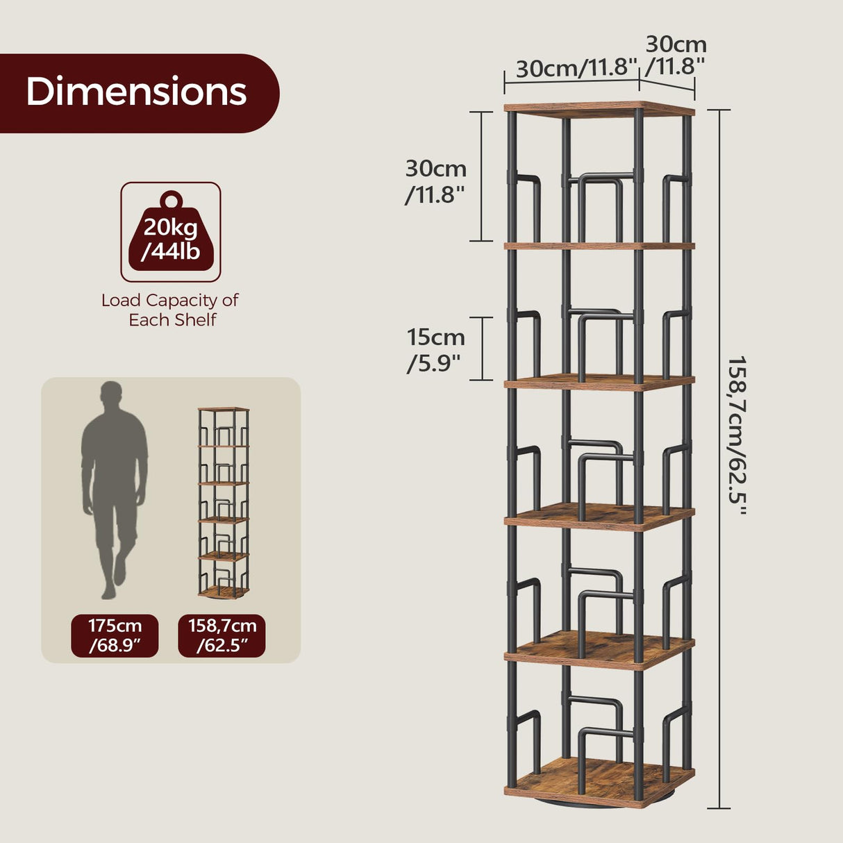 MAHANCRIS 5-Tier Rotating Bookshelf, Freestanding Corner Bookshelf, 360° Spinning Bookcase, Industrial Style Storage Rack with Rails, for Living Room, Bedroom, Study, Rustic Brown and Black BKHR1601 MAHANCRIS