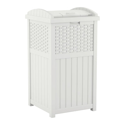 Suncast 33 Gallon Durable Plastic Hideaway Outdoor Garbage Can Trash Bin with Lid and Wicker Design for Backyard, Deck, or Patio, White