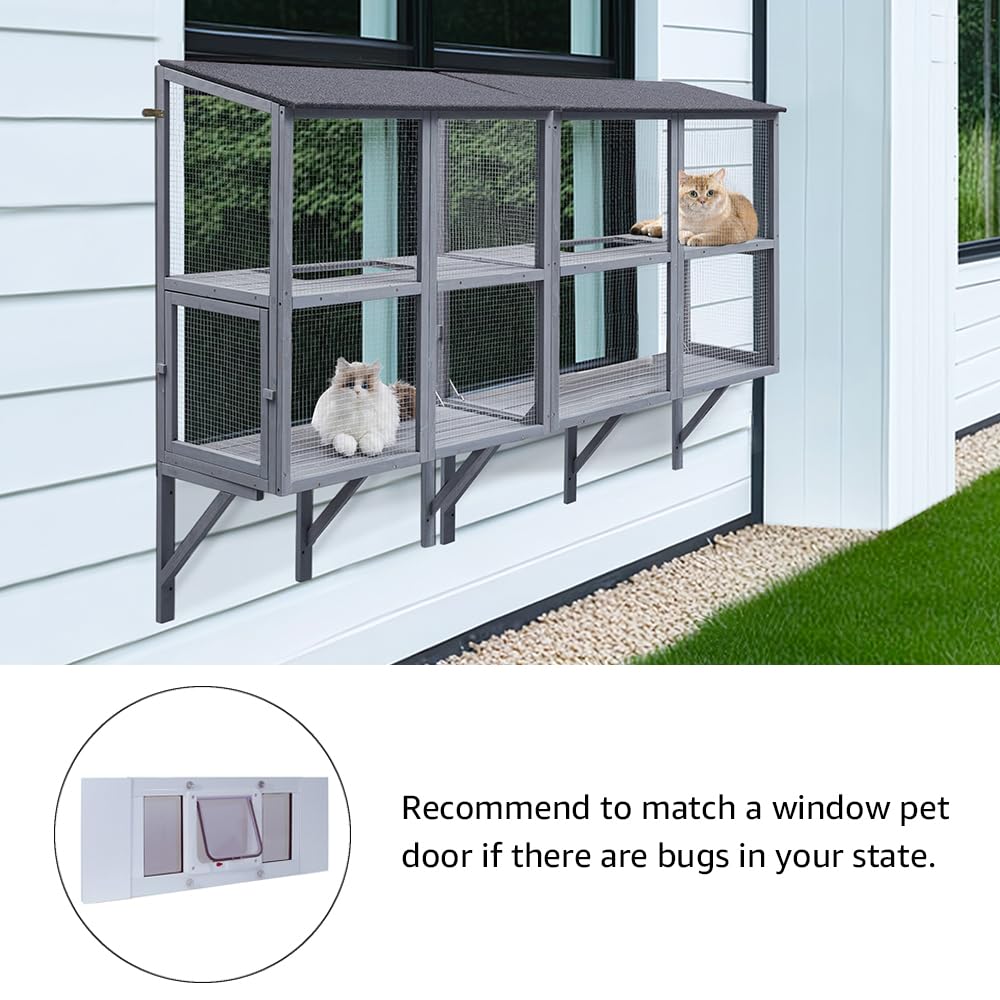 beeNbkks Cat Catio, 2 Tiers Window Box Enclosure for Multiple Indoor Cats, Expandable Wooden Cat Window Perch House, Secure Comfortable Outdoor Haven for Cats, All Weather Use, Nature Friendly Design beeNbkks
