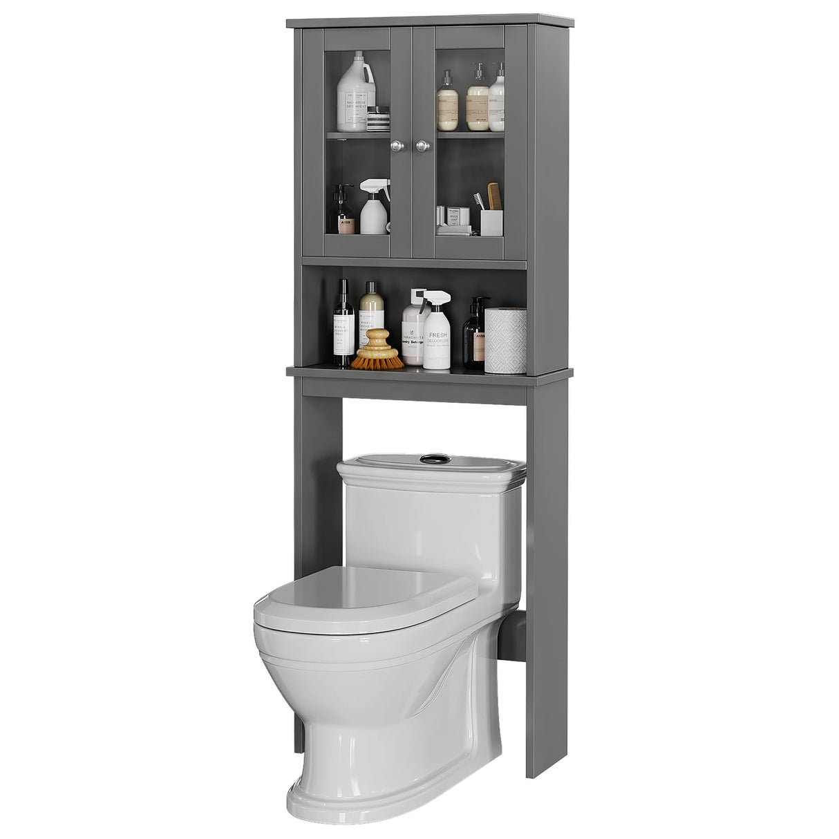 Meilocar Over The Toilet Storage Cabinet, Bathroom Storage Cabinet Over Toilet, Space Saver with 2 Tempered Glass Doors, Grey Meilocar