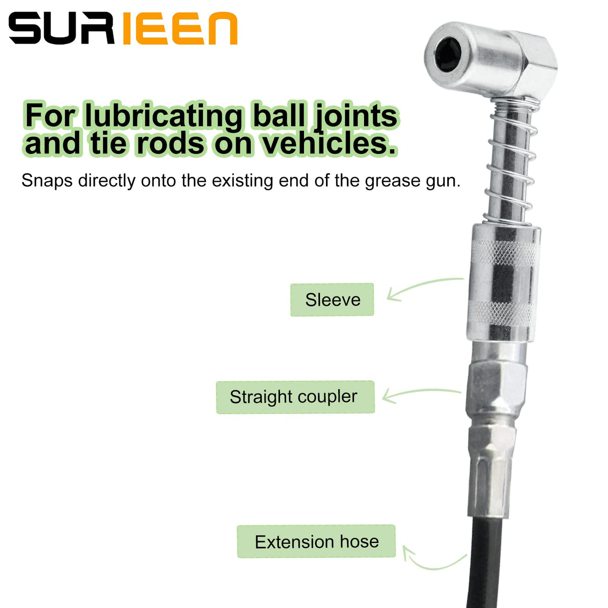 SURIEEN 90 Degree Grease Coupler Adapter with Sleeves, 3 Jaw Angle Grease Fitting Tool, 90 Degree Grease Gun Coupler Snaps onto Grease Fittings in Tight Spaces for Auto, Farm, Truck - 4 Pieces SURIEEN