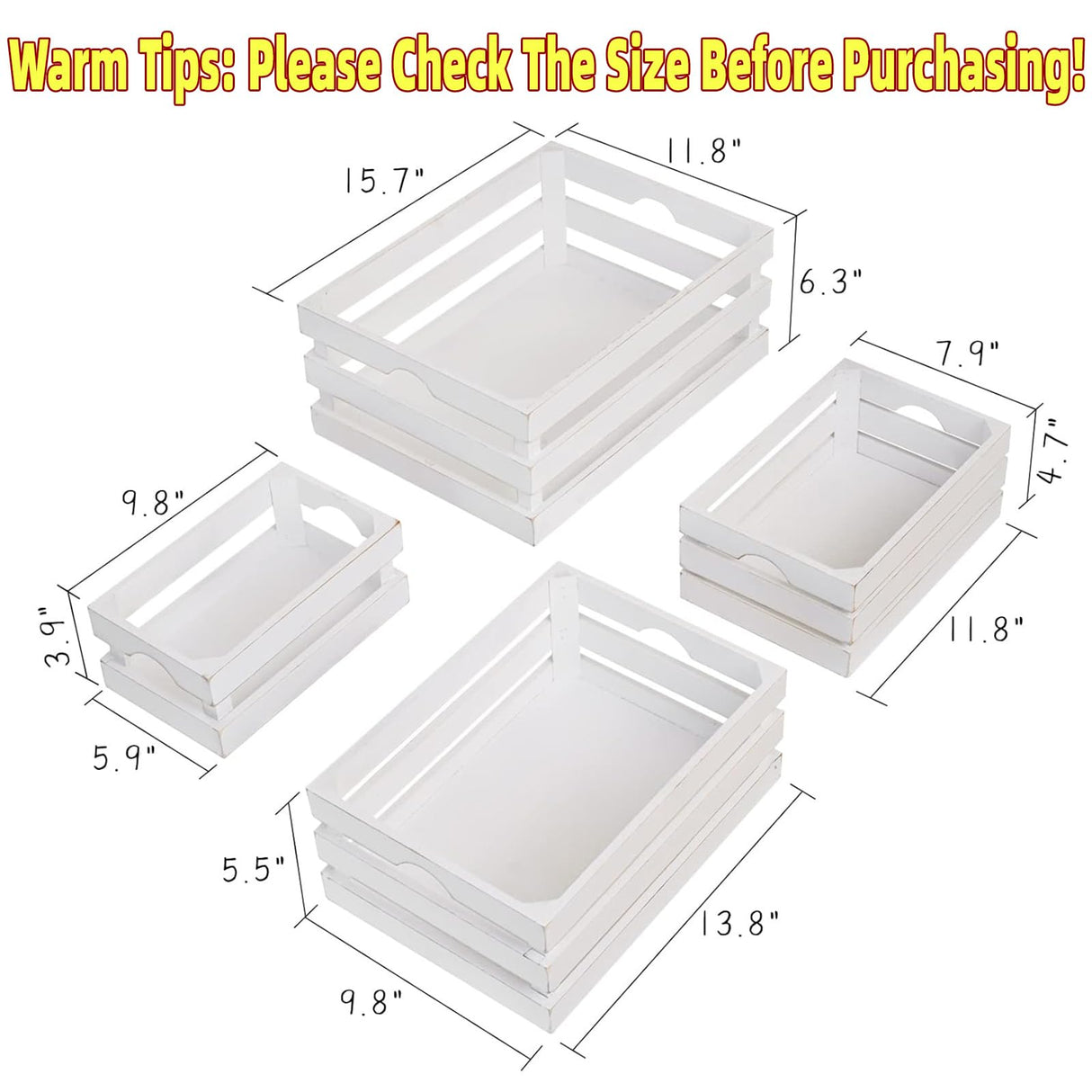 UPPER DECOR Large Wooden Crates Set of 4 Decorative Storage Box with Handles, Rustic Whitewashed Farmhouse Wooden Crates for Display, Living Room Container Baskets Box for Kitchen, Pantry, Bedroom UPPER DECOR