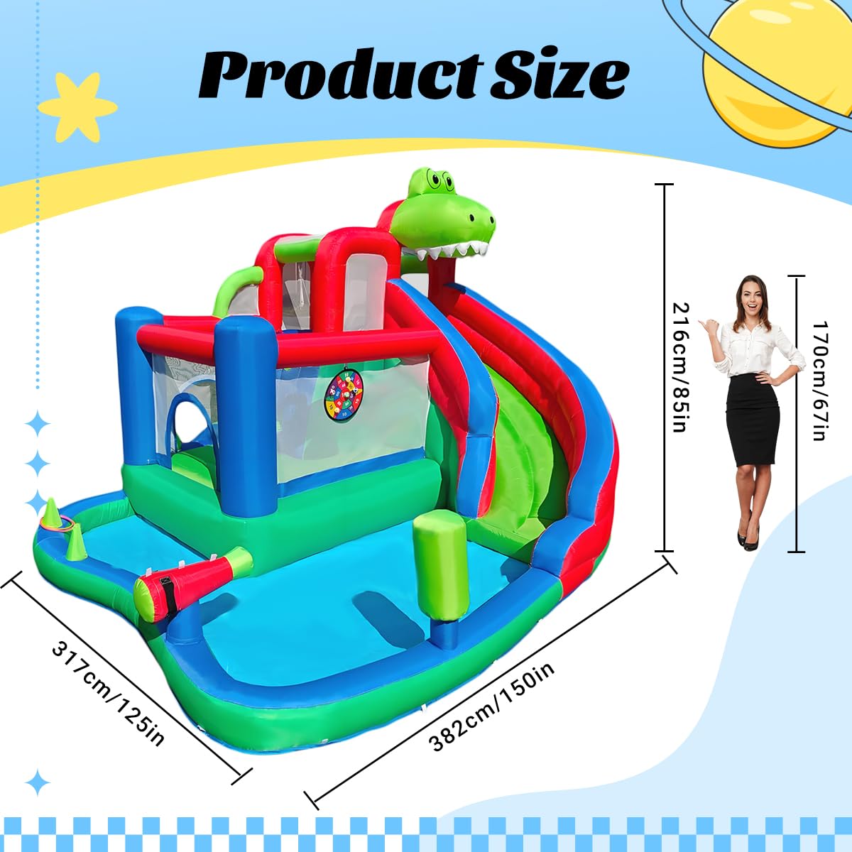 Large Dinosaur Inflatable Bounce House with Water Slide for Kids, Bouncy Castle, Splash Pool, Basketball Hoop, Climbing Wall, Air Blower, Outdoor Backyard Fun SkyGiggles