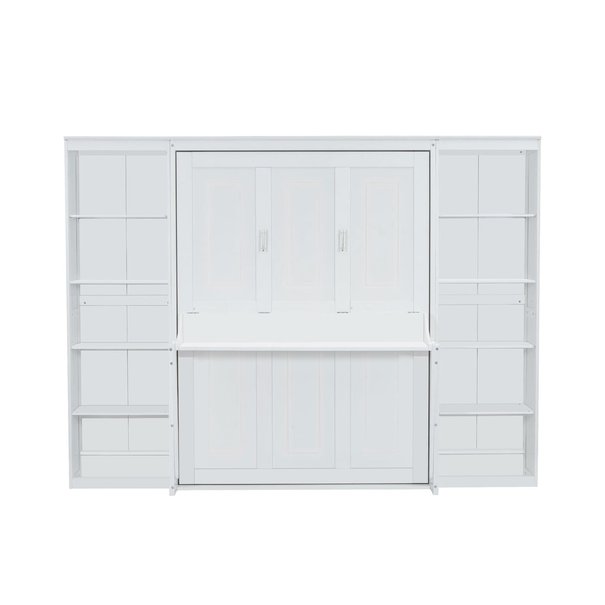 SOFTSEA Full Size Murphy Bed with Desk, Foldable Murphy Bed with Storage Cabinets, Space Saving Pull Down Wall Bed for Small Spaces, Guest Room, Bedroom or Office, White SOFTSEA