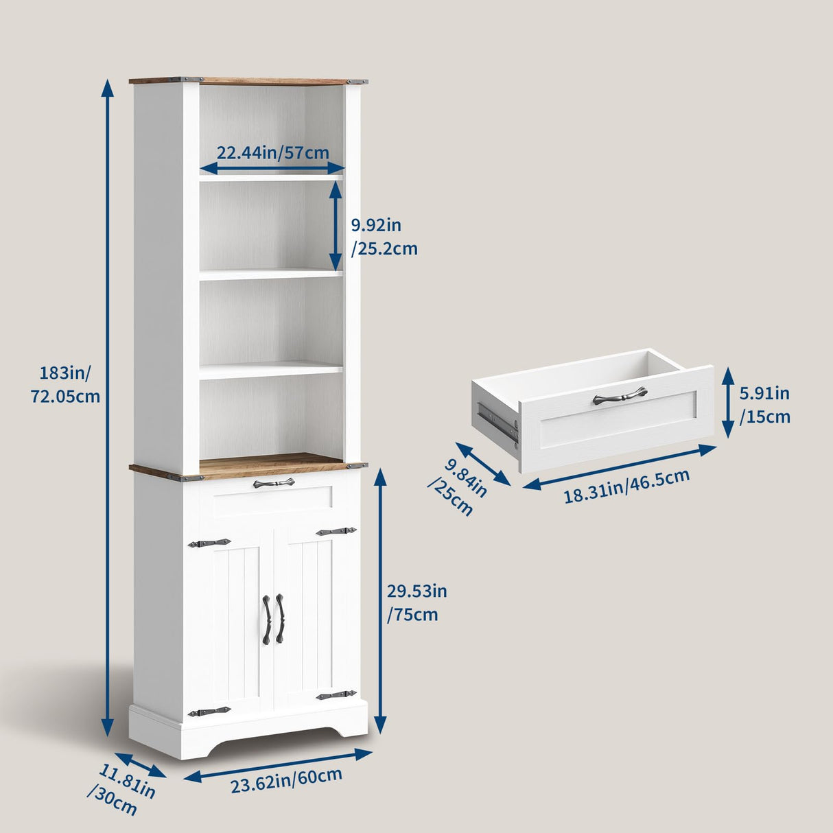 GarveeHome 4 Tier Bookshelf with Storage Cabinet, 72" Tall Farmhouse Bookcase with and Barn Door and Drawer, Tall Bookshelf with Adjustable Shelves, Office Wood Freestanding Bookshelves, White GarveeHome