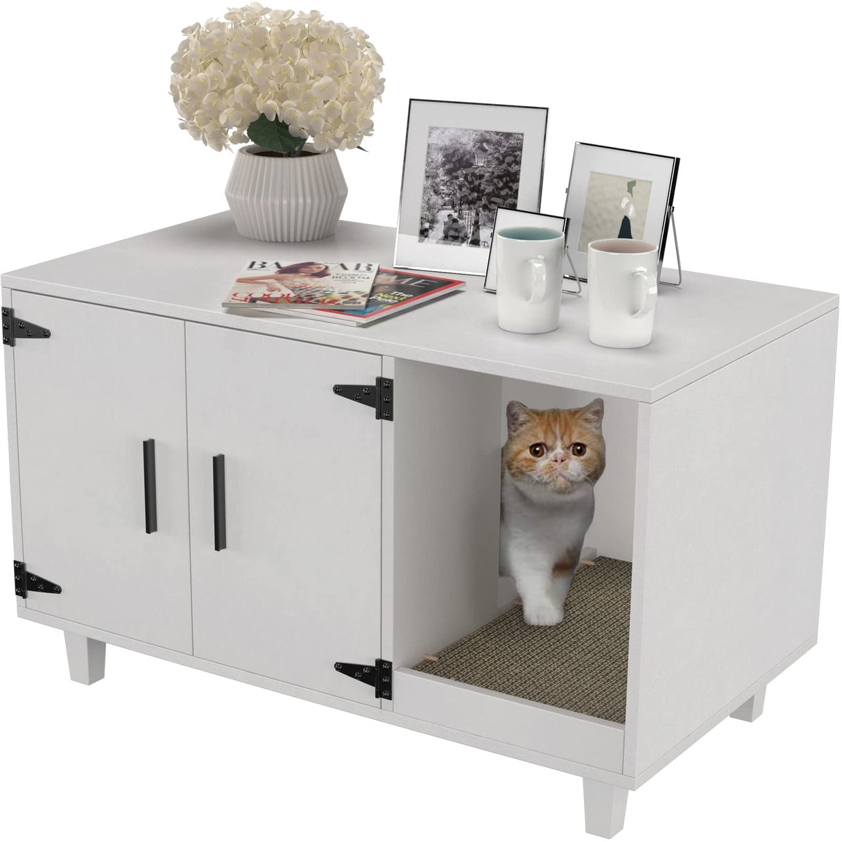 GDLF Modern Wood Pet Crate Cat Washroom Hidden Litter Box Enclosure Furniture House as Table Nightstand with Scratch Pad,Stackable (White) GDLF