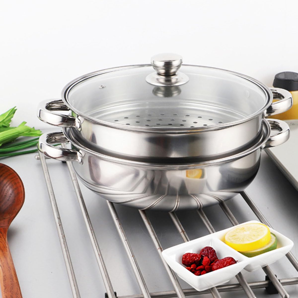 Steamer Pot for Cooking 4 Quart Steamer Pot 2-tier Multipurpose 18/8 Stainless Steel Steam Pot Cookware with Lid for Vegetable, Noodles, Pasta, Food puluru