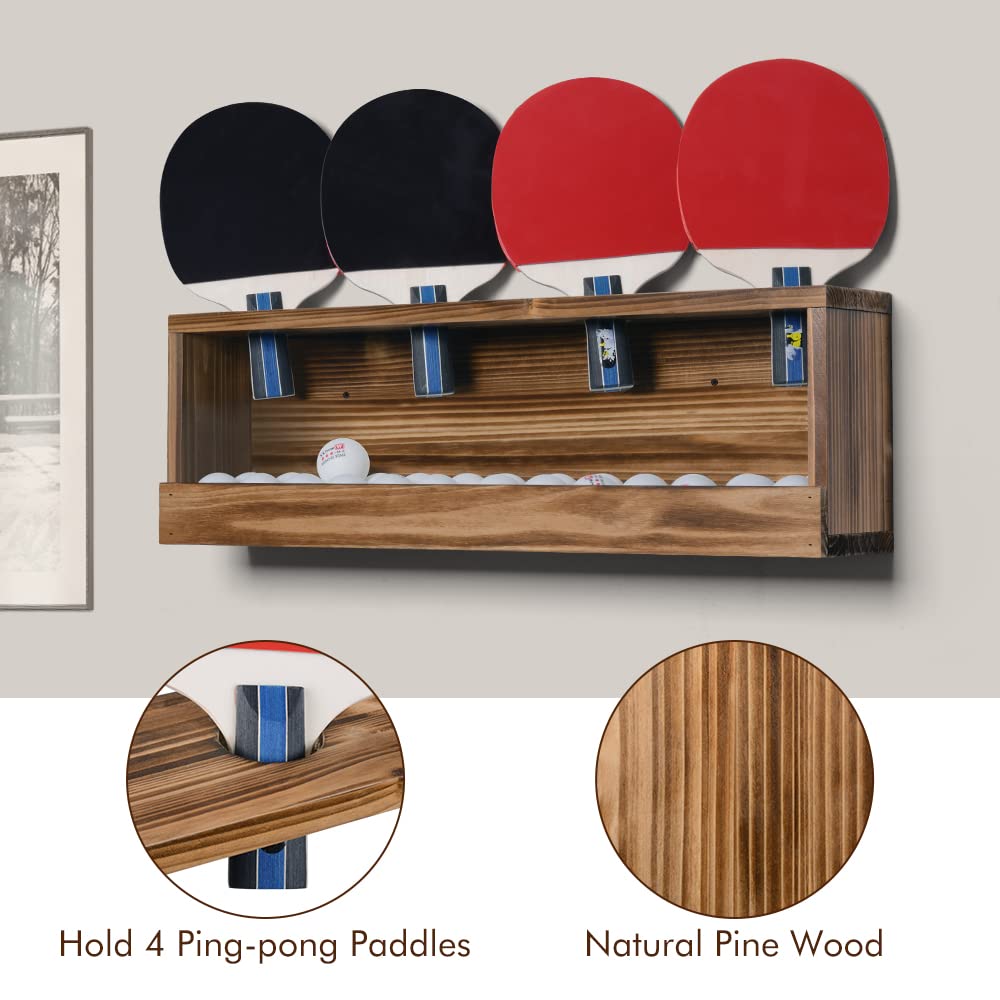 Ping Pong Paddle Storage Rack Table Tennis Racket Display Wall Mounted Holder for 4 Paddles and Balls Storage in Bar Room, Game Room, Office Break Room, Garage, Bedroom, Home, Rustic Burnt Sunix