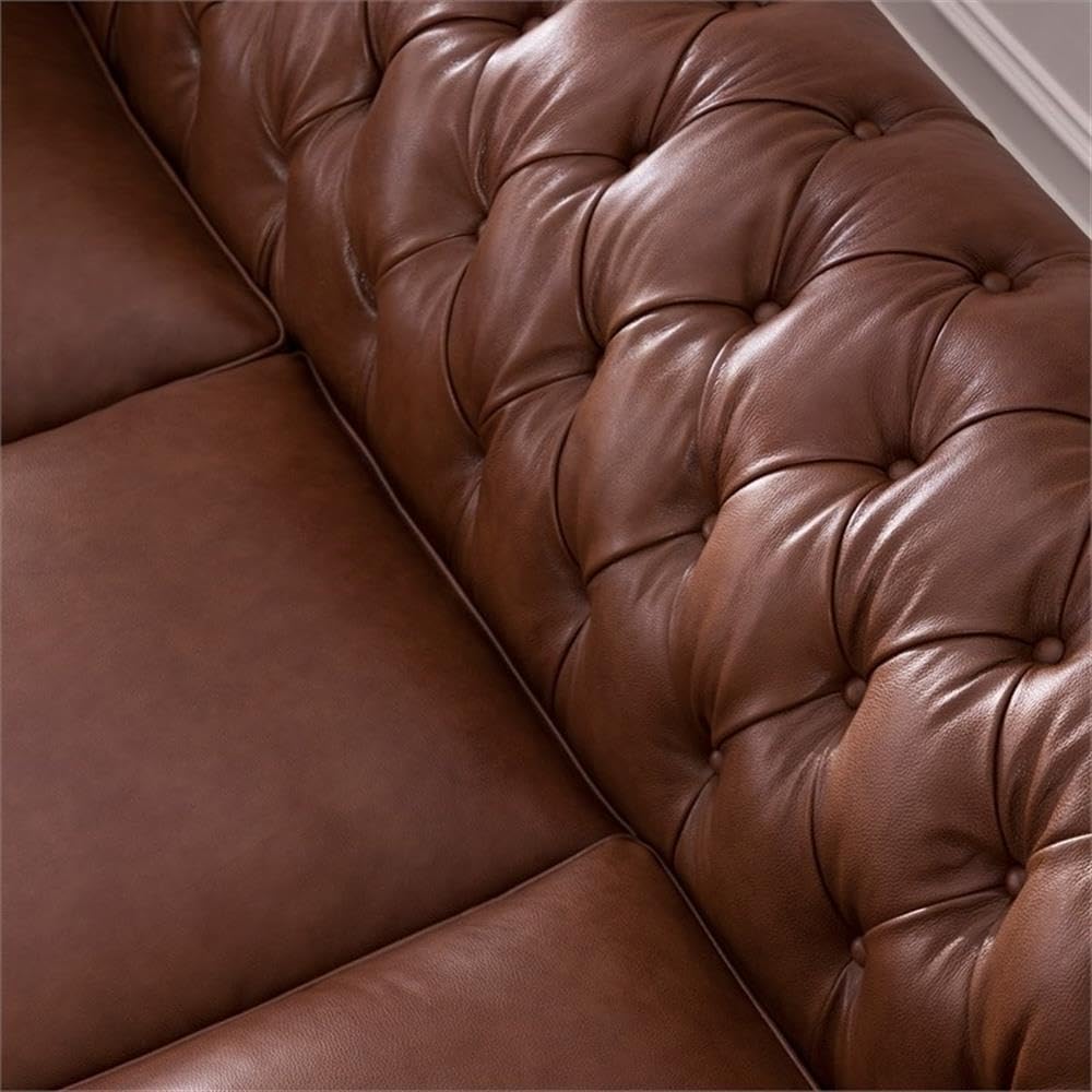 BOWERY HILL 95" W Traditional Leather Tufted Back Chesterfield Sofa with Removable Seat Cushions, Leg Assembly Required, for Living Room, in Chestnut Finish BOWERY HILL