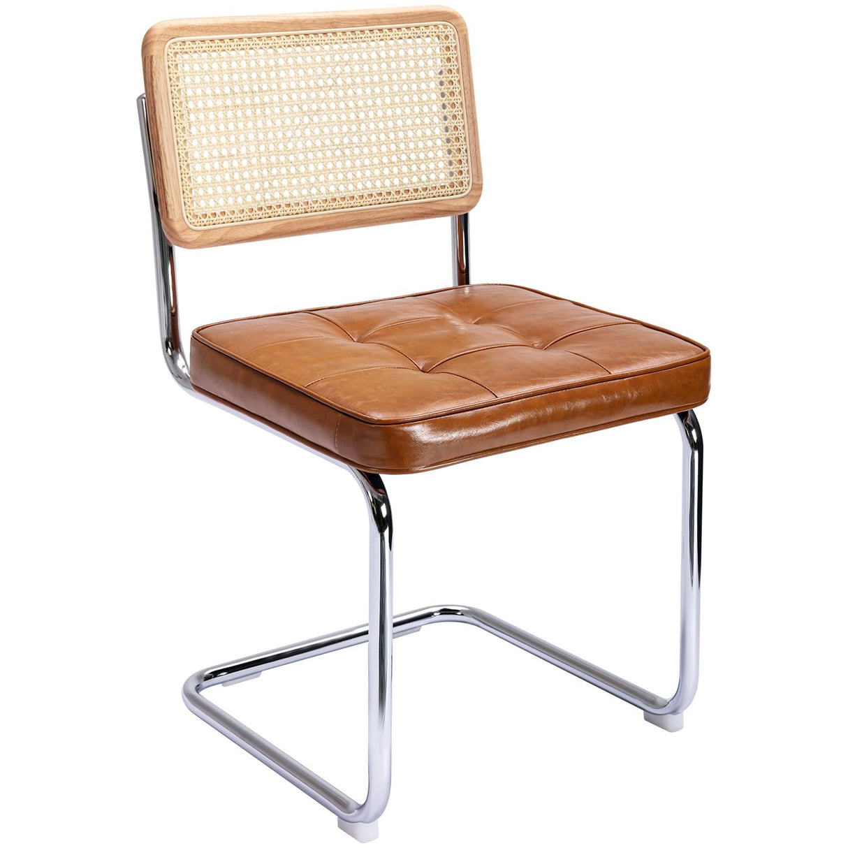 Zesthouse Mid-Century Modern Dining Chairs, Upholstered Tufted Faux Leather Accent Chairs Rattan Dining Chairs Set of 2, Armless Mesh Back Cane Chairs with Metal Chrome Legs, Brown Zesthouse