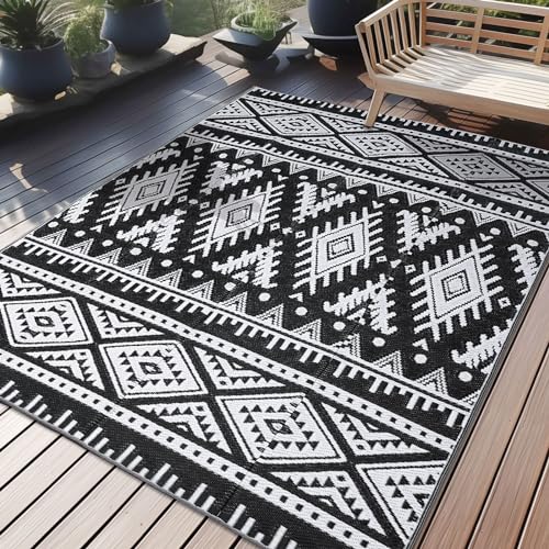 OLANLY Outdoor Rug Waterproof 5x8 ft, Reversible Outdoor Plastic Straw Rug, Boho Patio Rug, Indoor Outdoor Carpet, RV Mat Outside for Patio, Camp, Picnic, Balcony, Deck, Backyard, Black & White OLANLY