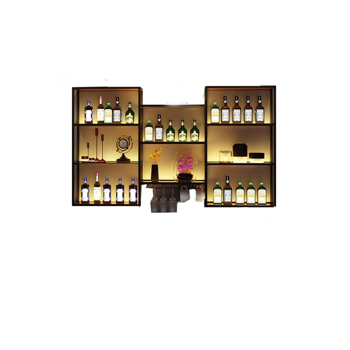 SEIFE Suspended metal display shelf ,living room liquor cabinet for wall,metal bar shelves with led light,liquor wall shelf with wine glass rack,Living room, bar, kitchen, restaurant(150cm/59in) SEIFE