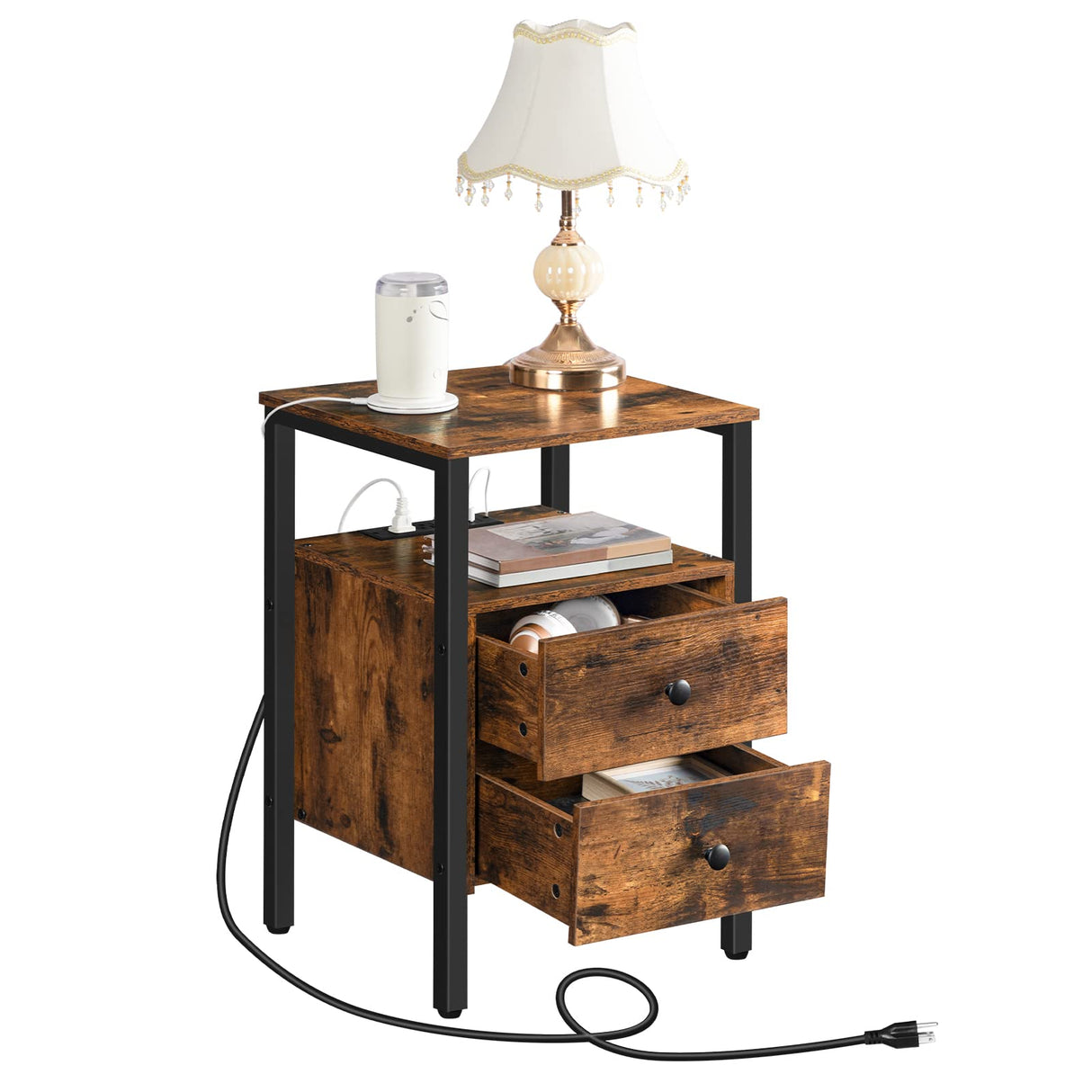 HOOBRO End Table with Charging Station and USB Ports, Side Table with Drawers and Storage Shelf, Set of 2, Bedside Table for Small Spaces, Living Room, Rustic Brown BF431BZP201 HOOBRO