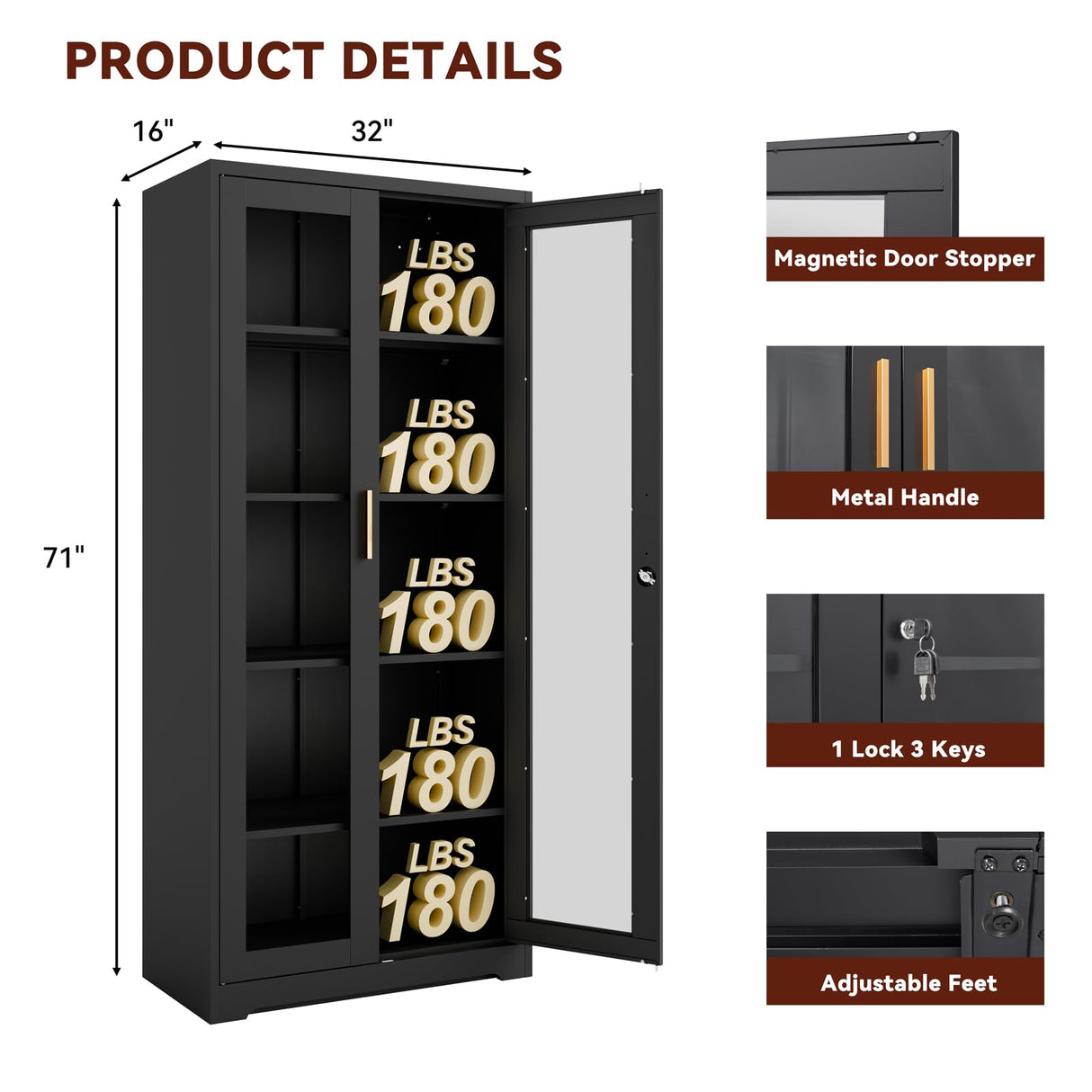 Kubohogar 71" Metal Display Cabinet with Glass Doors, Locking Curio Cabinets with 4 Adjustable Shelves, Glass Display Case for Collectibles, Metal Storage Cabinet Kubohogar