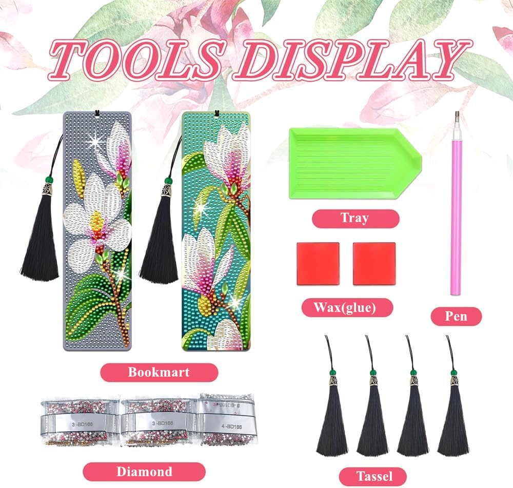 NUFTVI 2 PCS Diamond Art Bookmarks Magnolia, DIY Acrylic Diamond Painting Bookmarks Kits for Adult Reader and Crafts Lovers NUFTVI