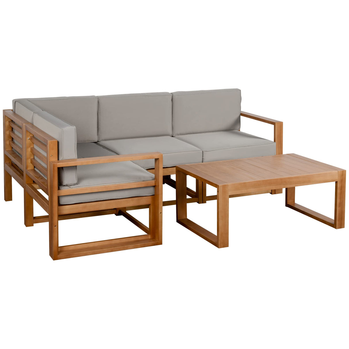 Outsunny 4 Seater L Shaped Patio Furniture Set with Coffee Table and Cushions, Wood Outdoor Sectional Sofa Conversation Set for Garden, Backyard, Porch and Poolside (Gray) Outsunny