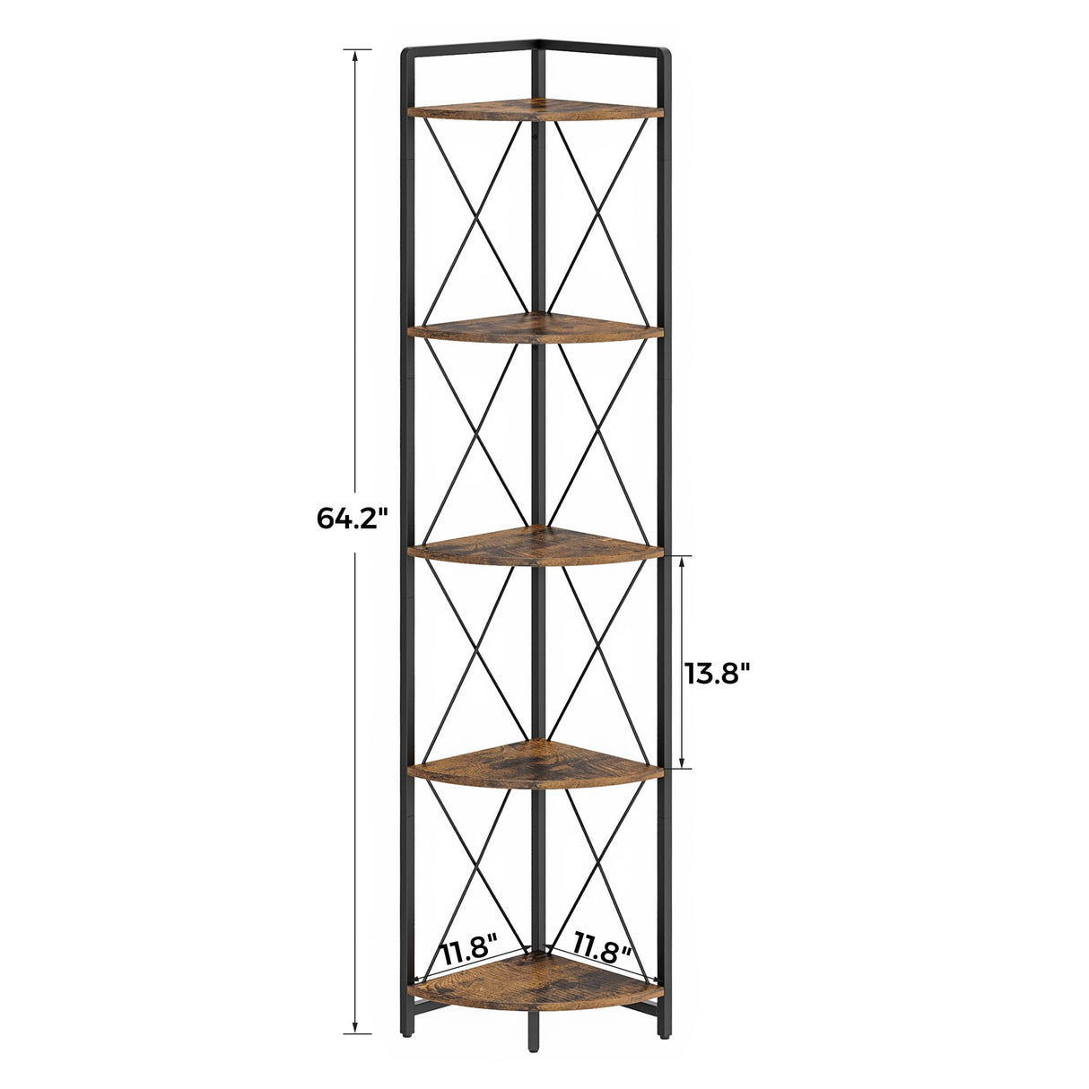 Cerlyunzan 5 Tier Corner Shelf Stand, 64" H Tall Industrial Corner Bookshelf for Living Room Decor, Metal Corner Shelf, Plant Stand Display Shelf for Bedroom, Bathroom, Small Space, Rustic Brown Cerlyunzan
