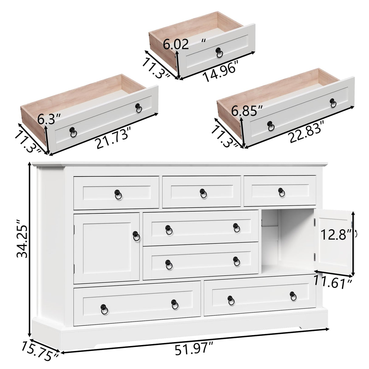 Gyfimoie Farmhouse 7 Drawer Dresser for Bedroom, Wood Chest of Drawers with 2 Doors, White Dressers with Round Metal Handle, Large Storage Dresser Organizer, Long TV Stand for Living Room, White Gyfimoie