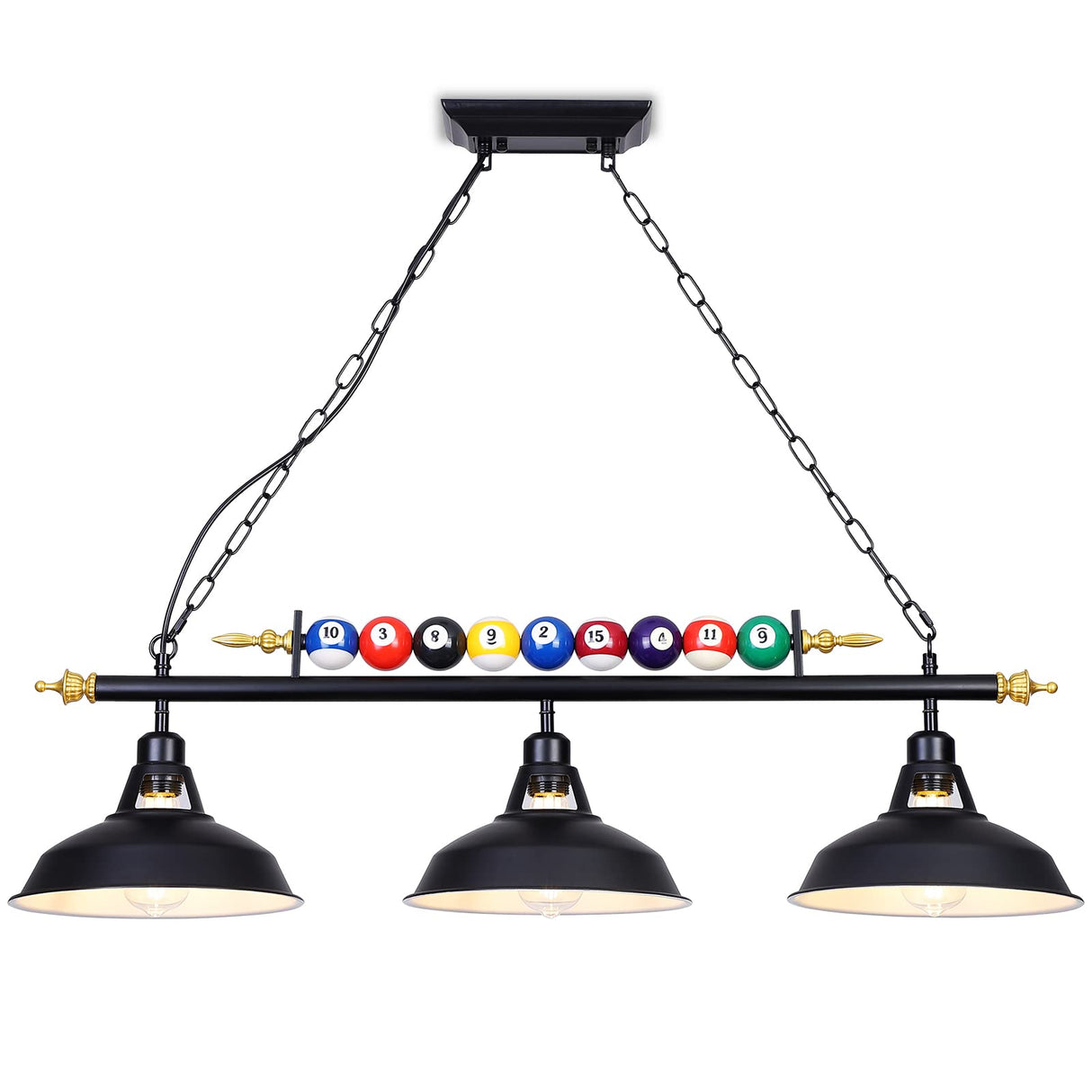 Mcacggo 3-Light Billiard Pool Table Lights Hanging Over Pool Table, Black Matte Metal Shades with Billiard Ball Decor, for Billiards Room, Snooker Table, Kitchen Island Mcacggo
