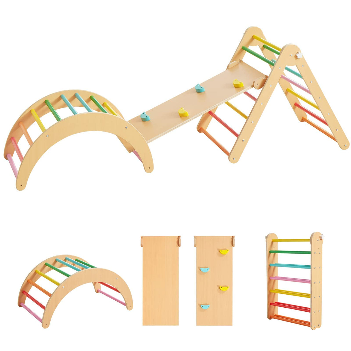 Beright 4 in 1 Pikler Triangle Gym, Montessori Foldable Climber with Ramp, Indoor Climbing Toys for Kids, Climbing Triangle for Toddlers Arch Climber, Rocker, Learning Waldorf Children Toy, Rainbow Beright