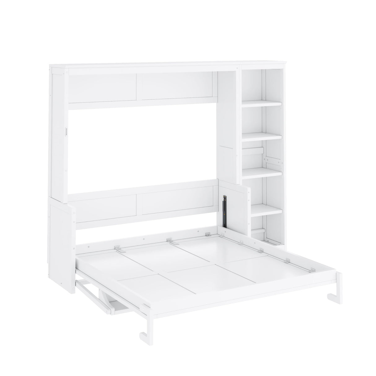 Merax Space Saving Murphy Bed with Desk, Fold into The Wall, Pine Wood Murphy Bed Frame Queen Size with Storage Shelves for Multipurpose Guest Room, Home Office, No Box Spring Needed, White Merax