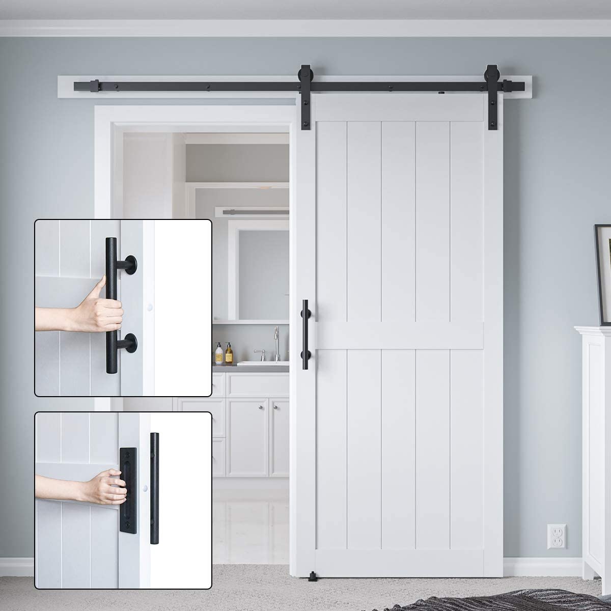 COSHOMER 36in x 84in MDF Sliding Barn Door with 6.6ft Barn Door Hardware Kit & Handle, Pre-Drilled Holes Easy Assembly -Solid Barn Door Slab Covered with Water-Proof PVC Surface, White, H-Frame COSHOMER