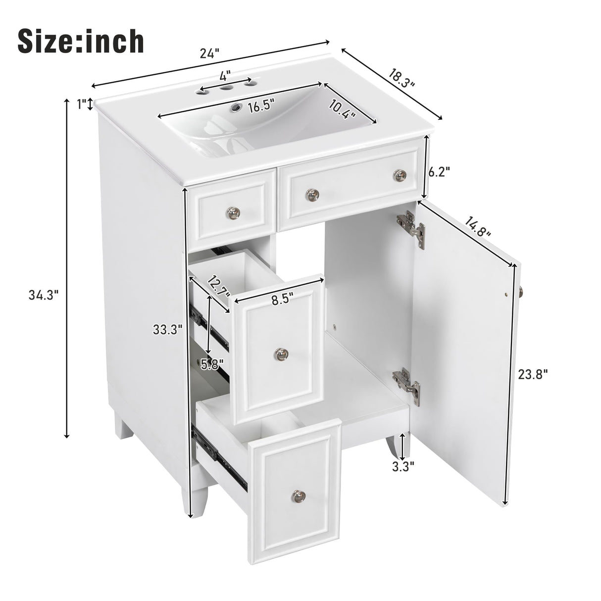 Harper & Bright Designs 24" Bathroom Vanity with Sink, Free Standing Single Basin Vanity Set with Two Drawers and One Door, Modern Wooden Bathroom Cabinet with Ceramic Basin for Bathroom, White Harper & Bright Designs