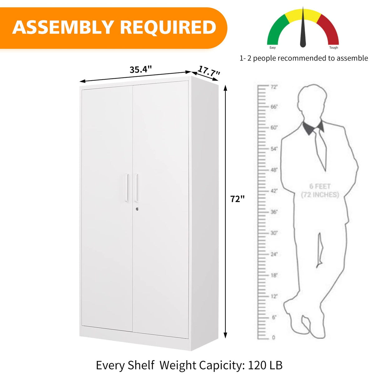 MIIIKO Steel Wardrobe, 72" Combination Storage Cabinet with Clothes Rod and 4 Shelves Organizer Storage, 2 Lockable Doors, for Office Home, Garage, MIIIKO