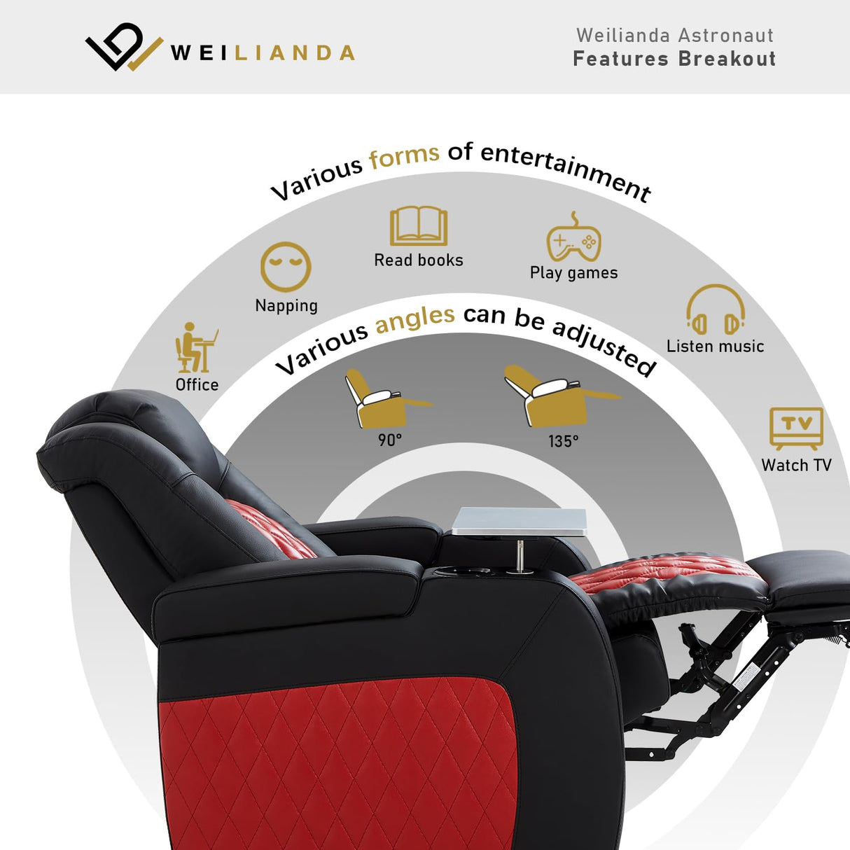 Weilianda Home Theater Seating, Top Grain Leather Movie Seats Recliner Chair, Zero Gravity Reclining Gaming Sofa with Power Headrest 7 Colors Ambient Lighting Single Seat Black Dark Red Weilianda