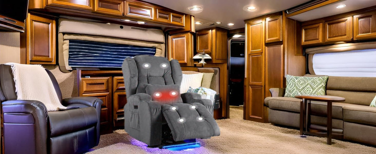 BINGTOO Electric Power Recliner Chair with Massage & Heat - Ergonomic Wingback Lounge Sofa Chair for Living Room, Home Theater Seating & RV with LED Light/Cup Holders/USB Ports, Grey BINGTOO