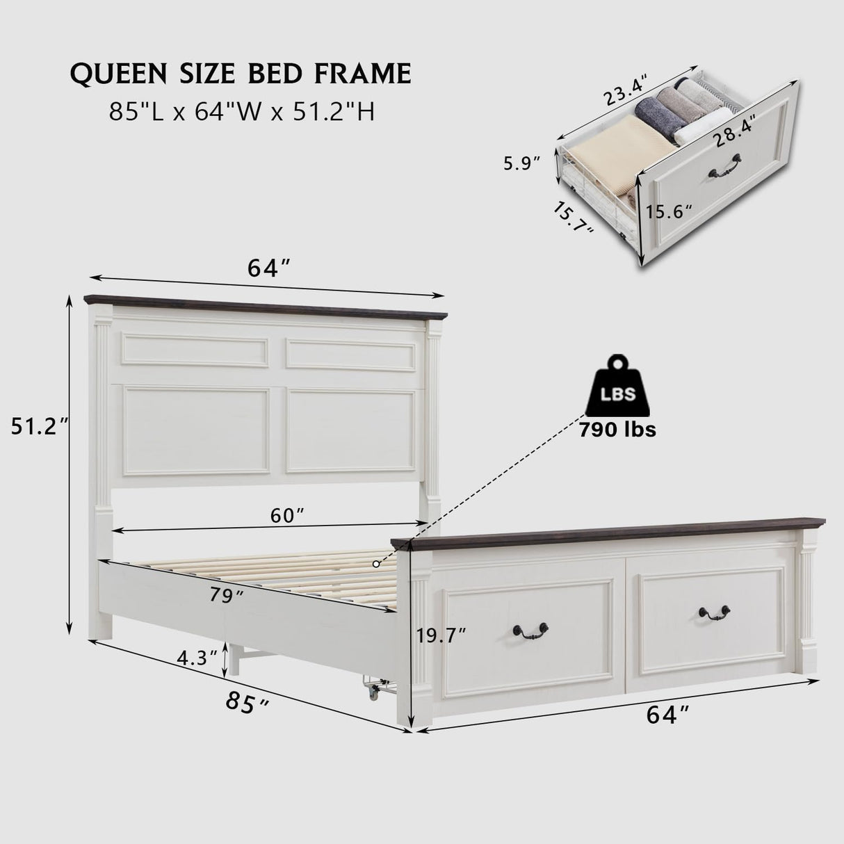 Aitjunz Farmhouse Queen Size Bed Frame with 51" Tall Headboard, Wood Platform Bed Frame with 20" Tall Roman Column Decoration Footboard & 2 Large Storage Drawers, No Box Spring Needed (White) Aitjunz