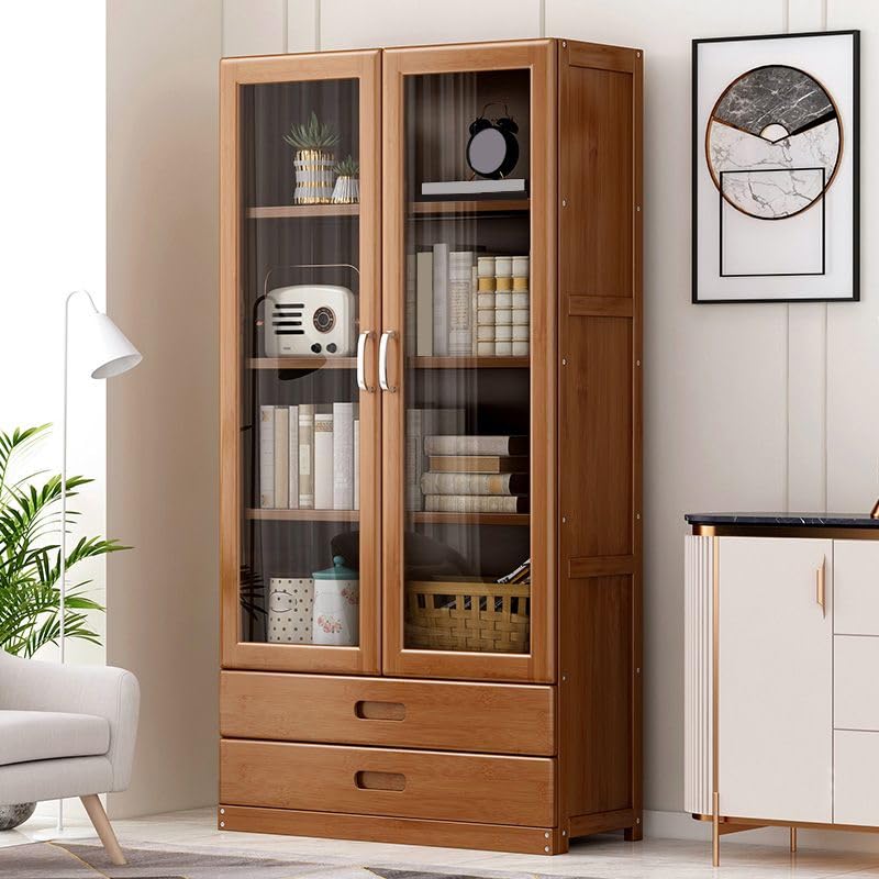 LITFAD Modern 4-Tier Bamboo Bookcase with Glass Doors and 2 Drawers LITFAD