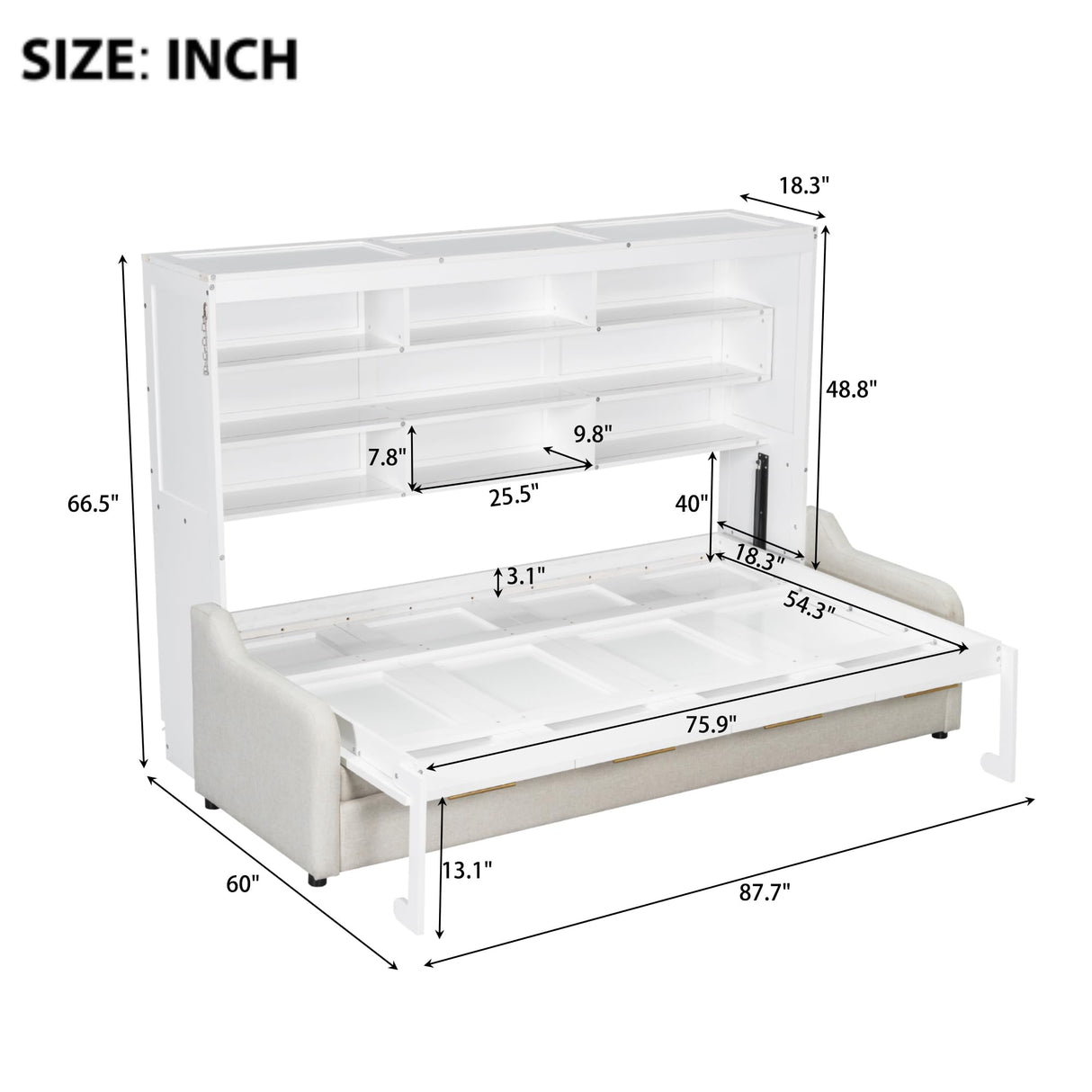 Polibi Full Murphy Cabinet Bed with Folding Sofa & Storage Shelves,LED Light,Solid Wood + MDF,No Box Spring Needed,Space Saving,87.7" L x 60" W,White+Beige Polibi