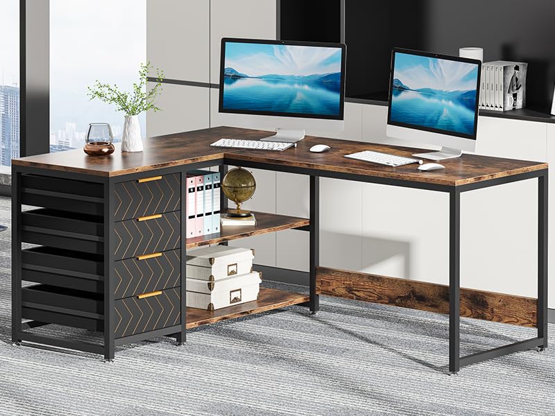 Tribesigns L Shaped Computer Desk with Storage Drawers, 59 inch Corner Desk with Shelves, Reversible L-Shaped Office Desk Study Writing Table Workstation for Home Office, Brown Tribesigns
