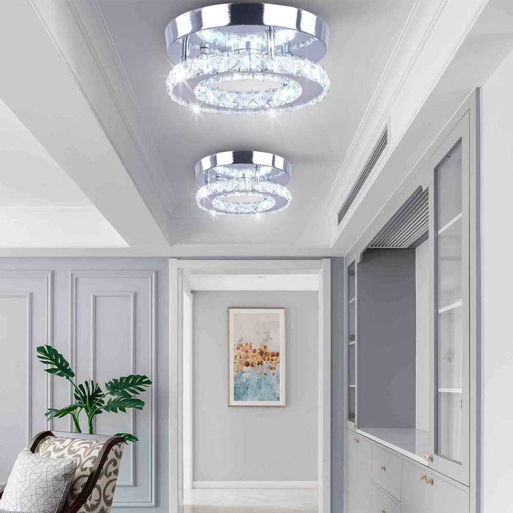 diisunbihuo Modern Mini Led Chandelier Semi Flush Mount Crystal Lighting Ceiling Crystal Lamp for Bedrooms Dinning Rooms Hallway(Round White) diisunbihuo