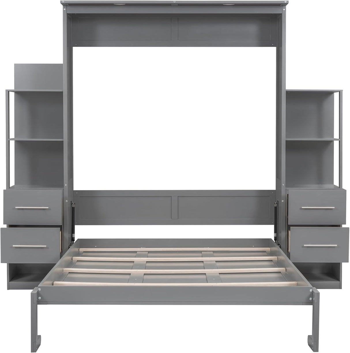 Queen Murphy Bed with Storage Drawers,LED Lights and Shelves,Wood Murphy Wall Bed Cabinet for Adults (Grey) MERITLINE