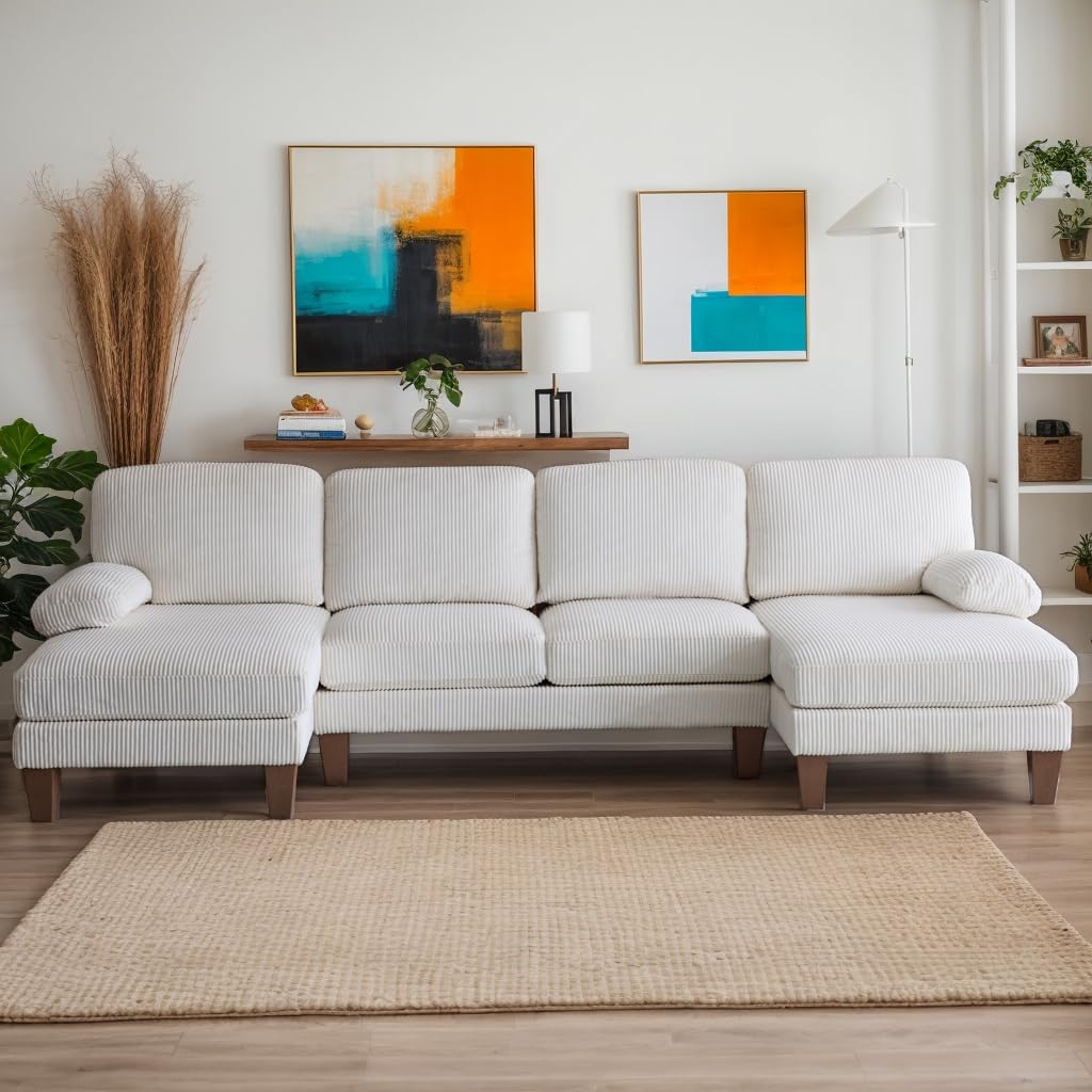 Karl home U-Shape Sectional Sofa Couch 111" Modern 4-Seat Sofa with Chaises Corduroy Fabric Upholstered Covertible Couch with Wood Grain Legs for Living Room, Reception Room, Apartment, Beige Karl home