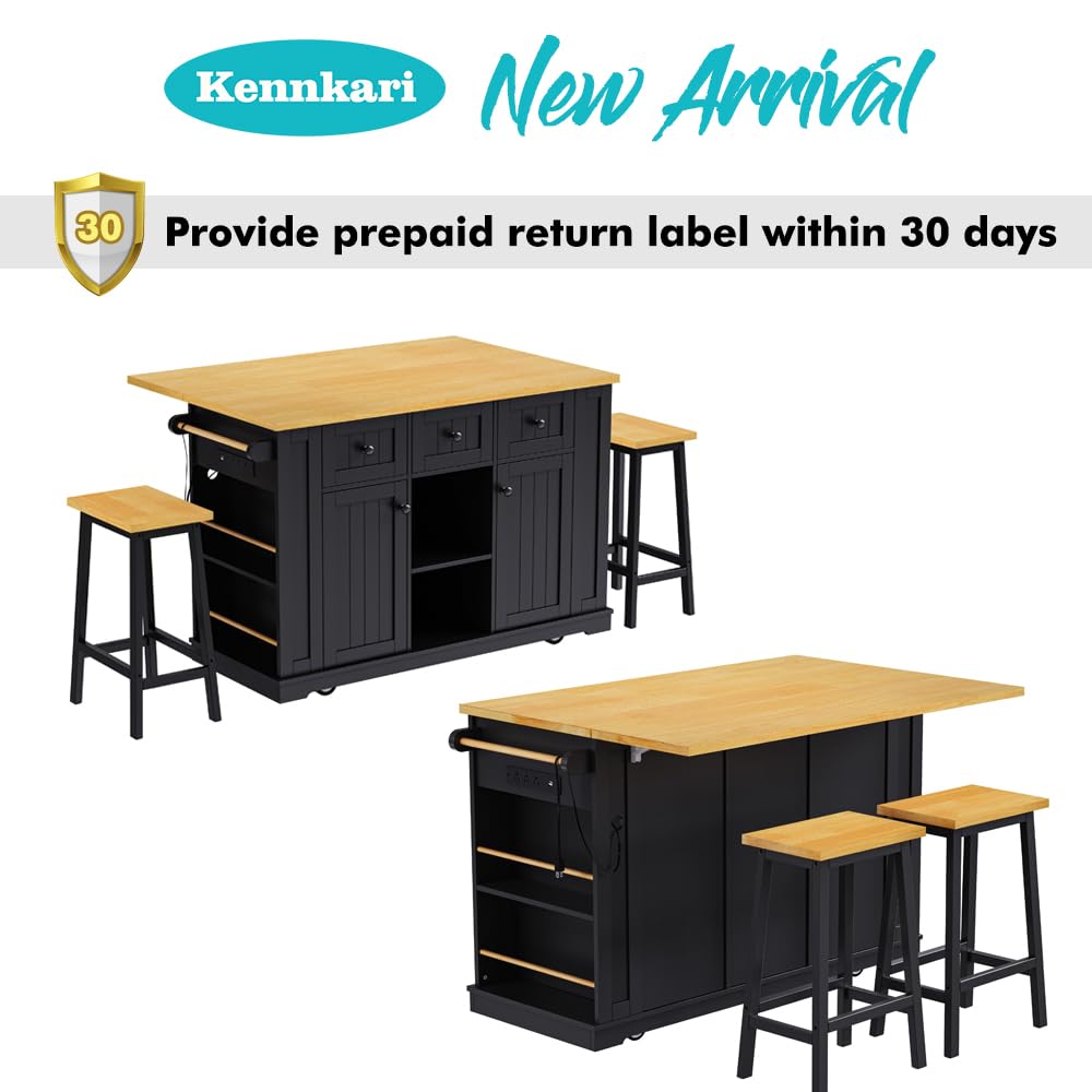 Kennkari Rolling Kitchen Island on Wheels with Drop Leaf and Seating, Wide Moblie Kitchen Island with Storage Cabinets and Power Outlet, Large Island Table with 2 Bar Stools (Type V. Black) Kennkari