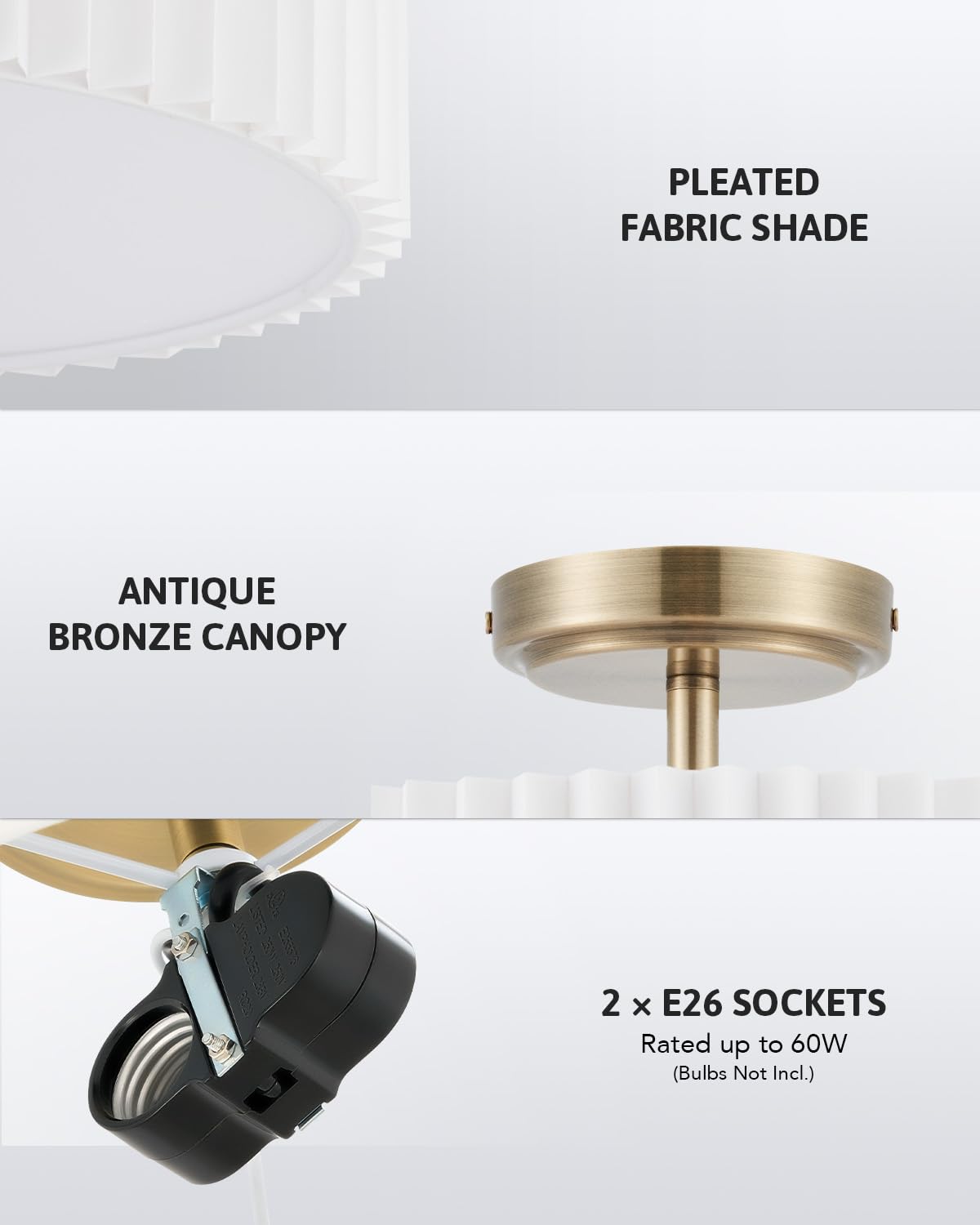 VONLUCE Semi Flush Mount Ceiling Light, 12.2'' Ceiling Light Fixture with Pleated Shade, 2-Light Modern Drum Light Fixture for Bedroom Living Room Entryway Hallway, White Shade & Bronze Finish VONLUCE